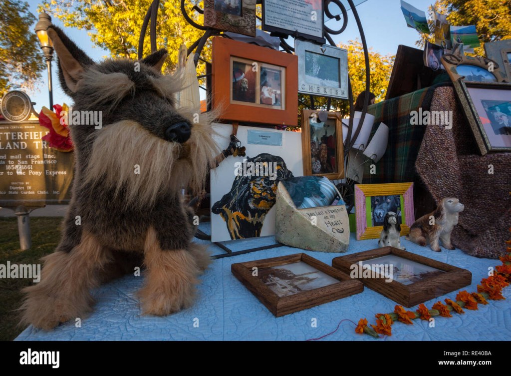 Picture of: An altar for pets featuring a plush schnauzer and dog figurines at